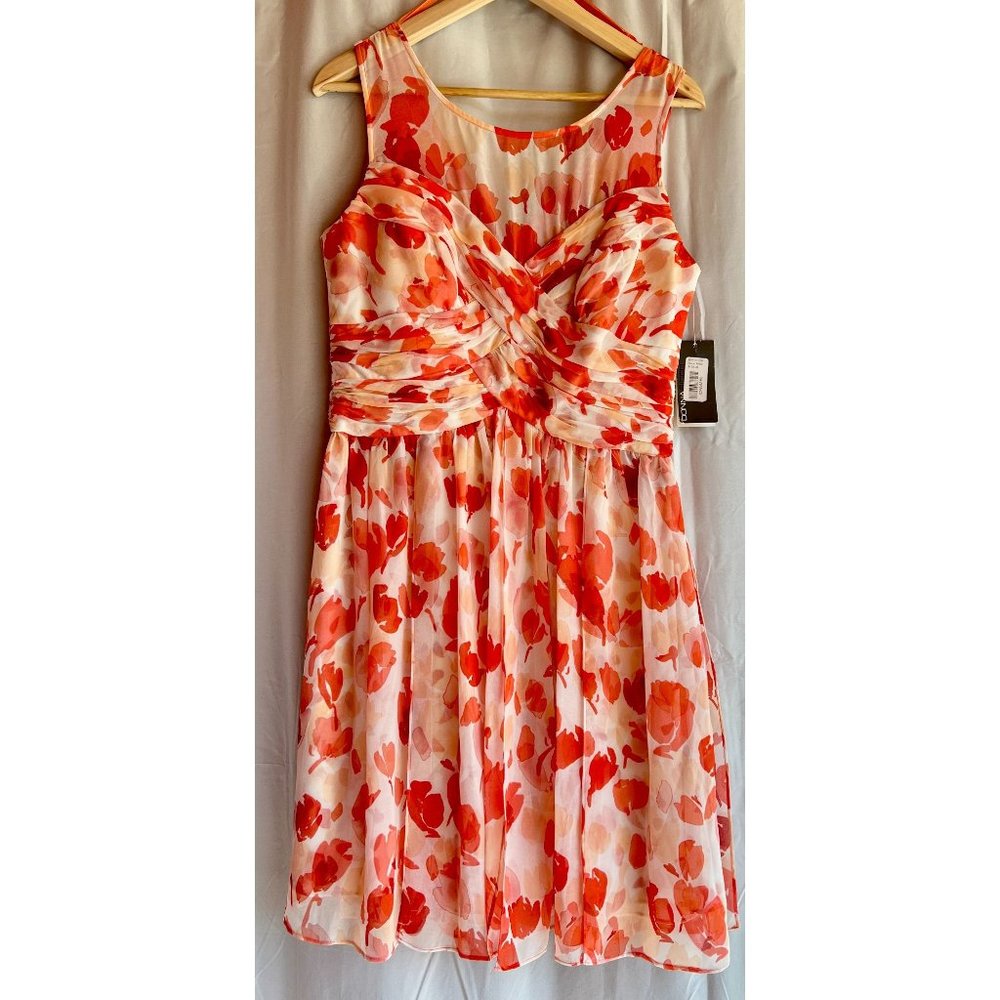 Floral Orange Midi Dress with Twisted Bodice